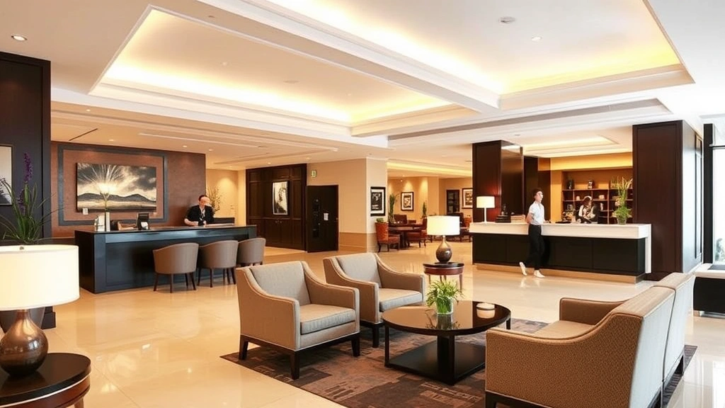 Hotel lobby interior with comfortable seating arrangements, warm lighting, modern decor, welcoming front desk area, guests checking in, professional hospitality environment
