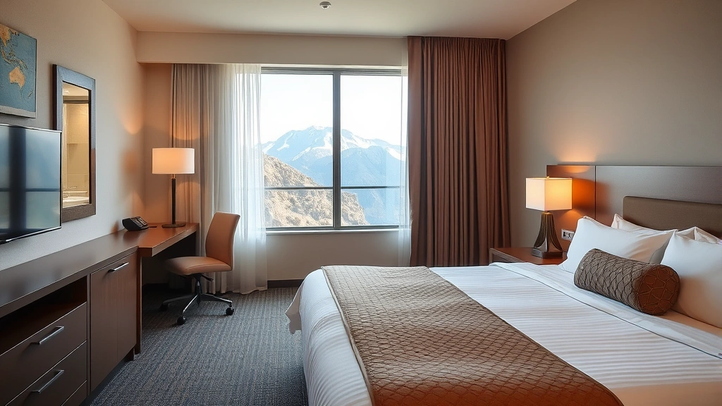 Spacious hotel room with comfortable bed, work desk, mountain view window, and modern bathroom visible through doorway