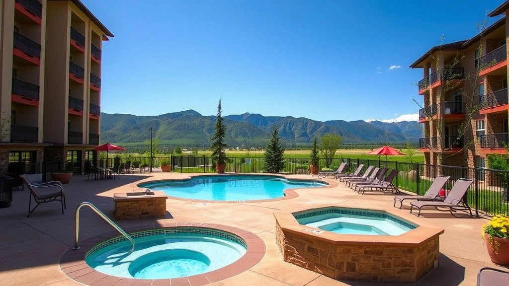 Hotel outdoor recreation area featuring pool, hot tub, and lounge chairs with mountain views in background, inviting resort atmosphere