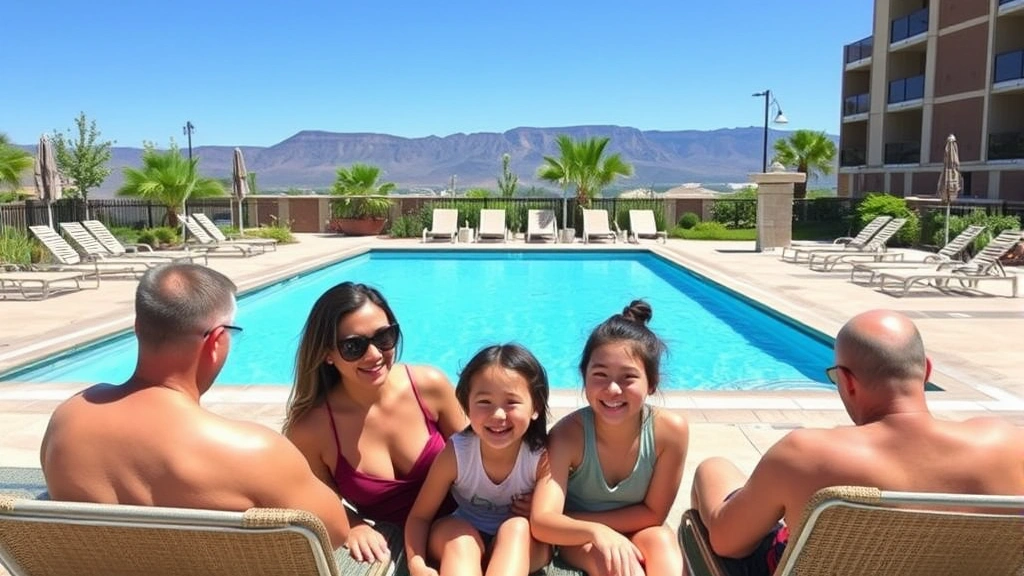 Family enjoying outdoor hotel pool area with blue water, lounge chairs, landscaping, mountain scenery visible beyond, clear sunny day, no signage or identifying markers