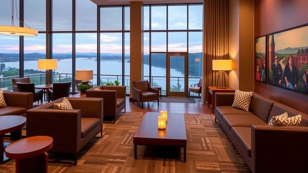 Modern hotel lobby with comfortable seating, warm lighting, and river-view windows overlooking Hudson Valley landscape, contemporary design with local artwork on walls