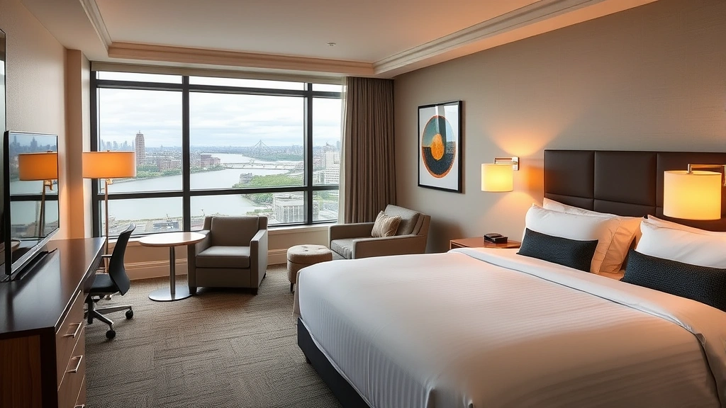 Modern hotel room interior with comfortable queen bed, contemporary furnishings, river view window showing Hudson Valley landscape, warm lighting, clean minimalist design