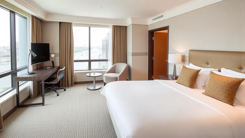 Spacious hotel room with queen bed, work desk by window with river views, neutral tones, modern bathroom visible through open door, clean and inviting