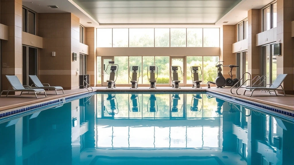 Indoor hotel swimming pool with blue water, lounge chairs, fitness center equipment visible in background, bright natural light from windows, welcoming relaxation space