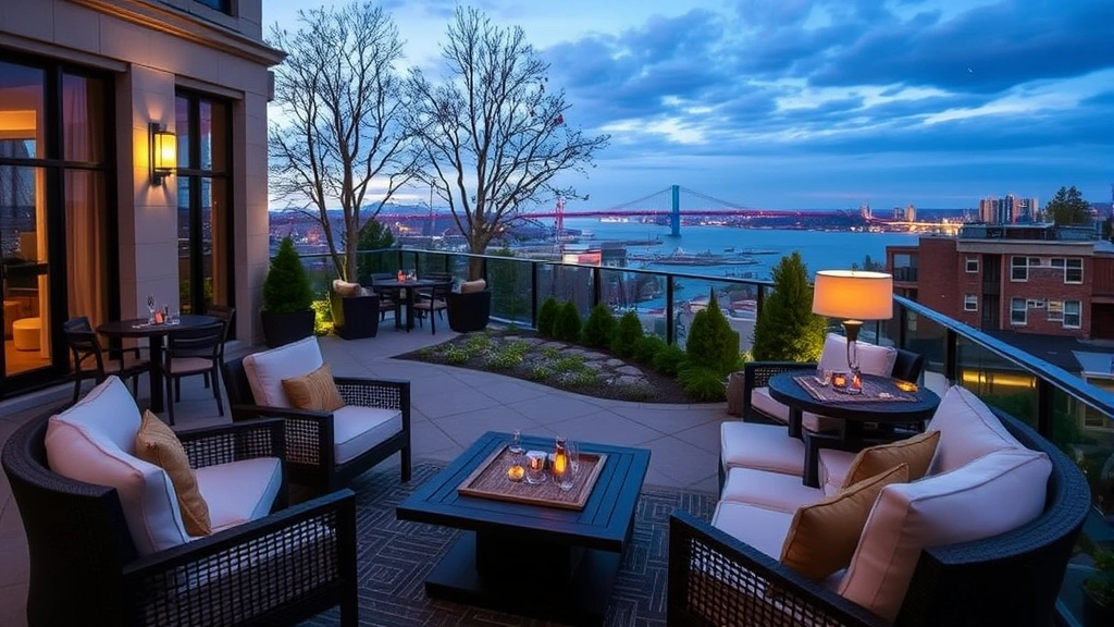 Hotel outdoor area or terrace with comfortable seating, Hudson River views in distance, landscaped grounds, evening lighting, peaceful atmosphere