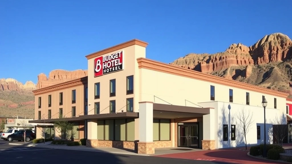 Modern budget hotel exterior in mountain town setting with clear blue sky, clean facade, welcoming entrance, Utah landscape in background