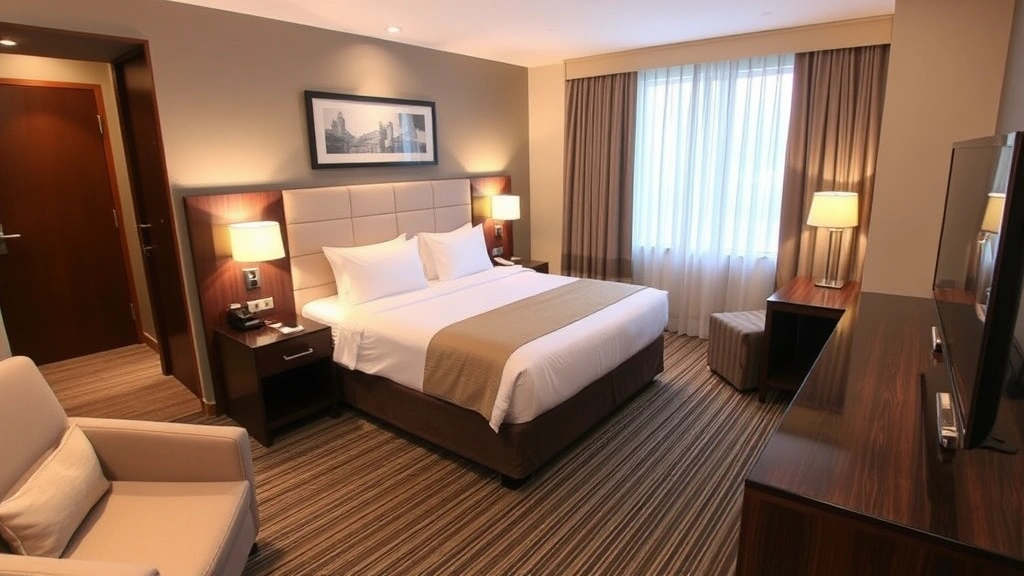 Comfortable hotel room interior with queen bed, desk area, modern furnishings, warm lighting, clean contemporary design, no visible text or signage