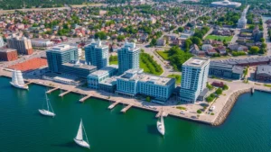 Aerial view of Quincy waterfront with modern hotel buildings overlooking Boston Harbor, sailboats in water, residential neighborhoods in background