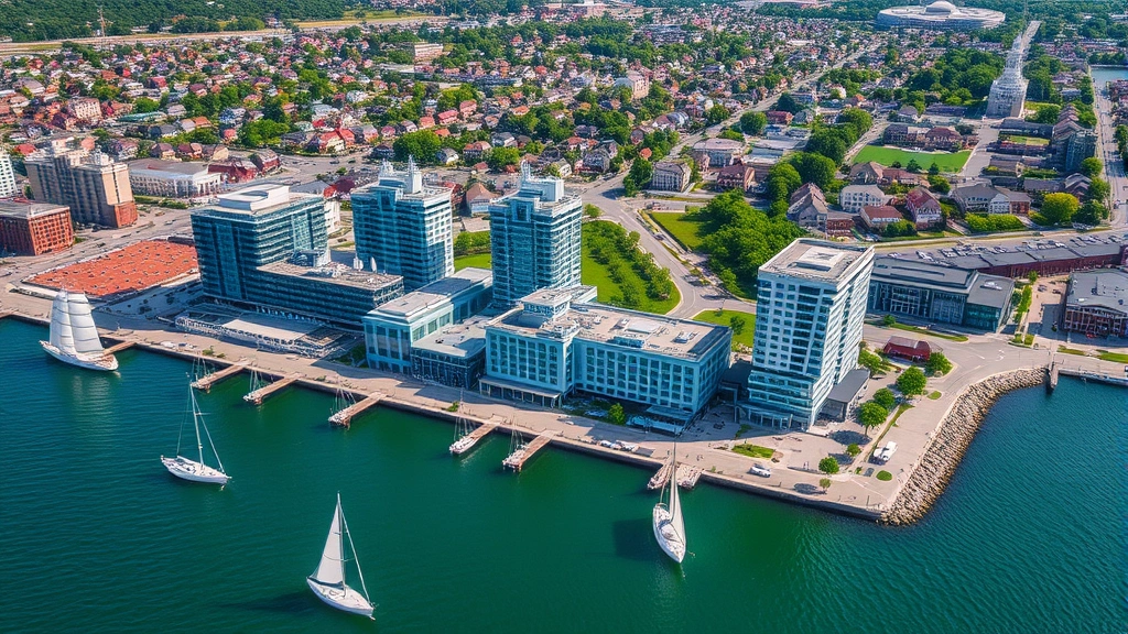 Aerial view of Quincy waterfront with modern hotel buildings overlooking Boston Harbor, sailboats in water, residential neighborhoods in background