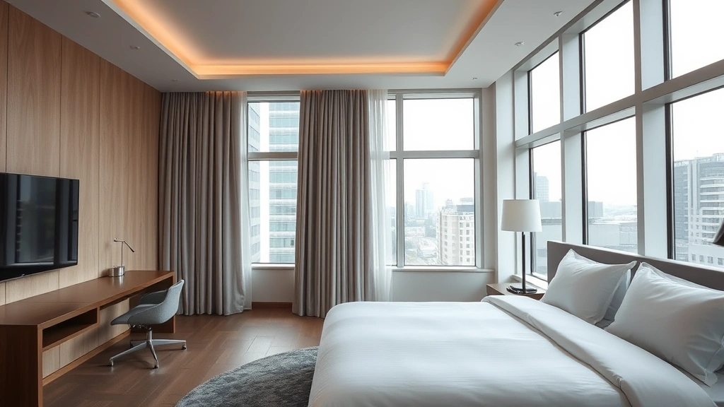 Interior of contemporary hotel room with large windows, comfortable bed, work desk, minimalist décor, natural daylight streaming in