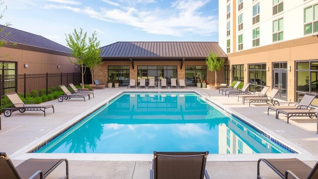 Outdoor hotel pool area surrounded by lounge chairs, landscaping, fitness center visible through glass doors, clear sky above