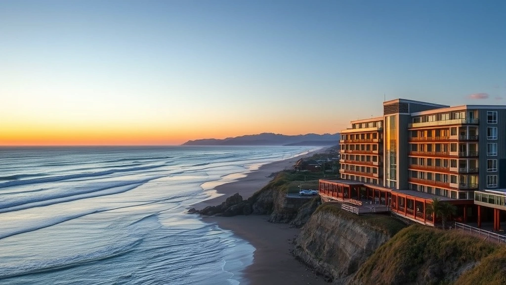 Oceanfront hotel with modern architecture overlooking sandy beach and Pacific Ocean waves at sunset, coastal Oregon landscape, no signage or text visible
