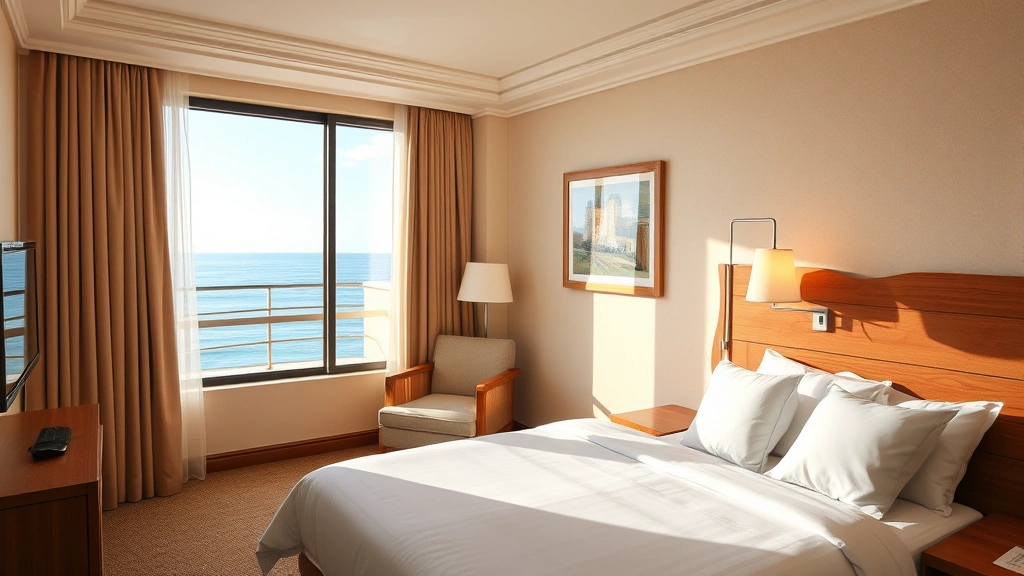 Cozy hotel room interior with large window framing ocean view, comfortable bed with white linens, wooden furnishings, warm lighting, no room numbers or identifying text