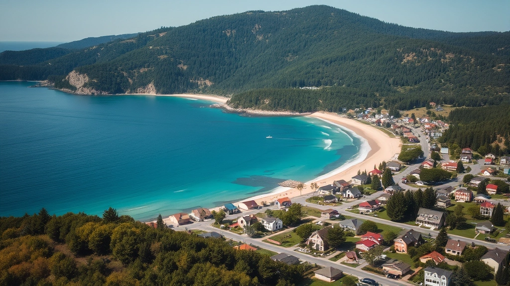 Aerial view of small coastal town with scattered buildings and homes near pristine beach, forested hillside in background, genuine residential architecture, no visible text or addresses