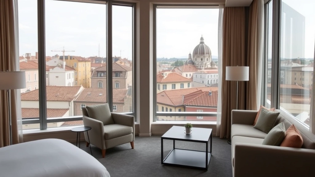 Modern hotel room interior with contemporary furnishings, neutral color palette, floor-to-ceiling windows overlooking urban Roman rooftops and distant church domes, professional photography lighting, no visible text or signage