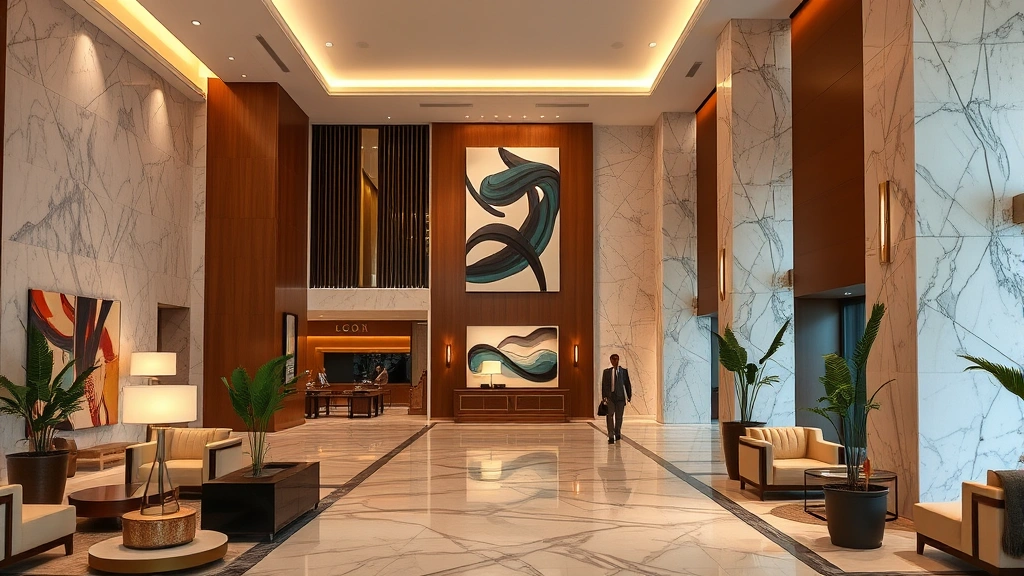 Elegant hotel lobby featuring marble flooring, contemporary art installations, comfortable seating areas, potted plants, warm ambient lighting, geometric architectural elements, no readable signs or identifying markers