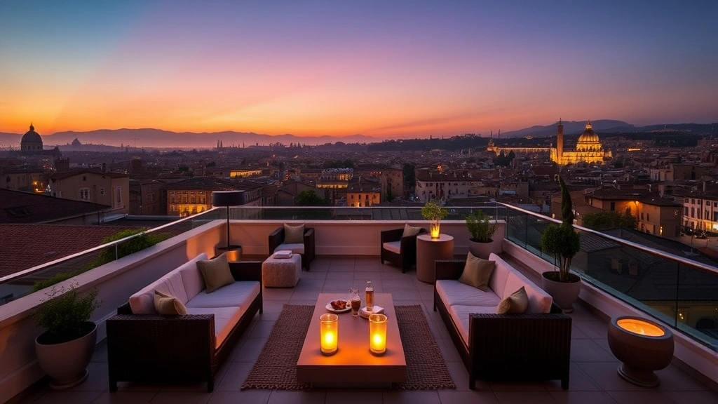Rooftop terrace at sunset with comfortable lounge seating, ambient lighting, panoramic views of Rome's historic architecture and distant monuments, Mediterranean-style design elements, no people or identifying hotel signage