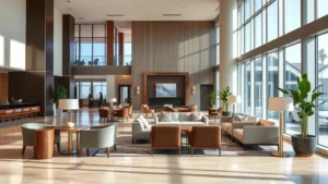 Modern hotel lobby in Southern California with contemporary furnishings, neutral color palette, comfortable seating areas, professional ambiance, natural lighting from large windows, no people visible, upscale hospitality setting