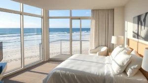 Modern beachfront hotel room with floor-to-ceiling windows, white bedding, ocean view balcony overlooking sandy beach and Atlantic Ocean waves at daytime