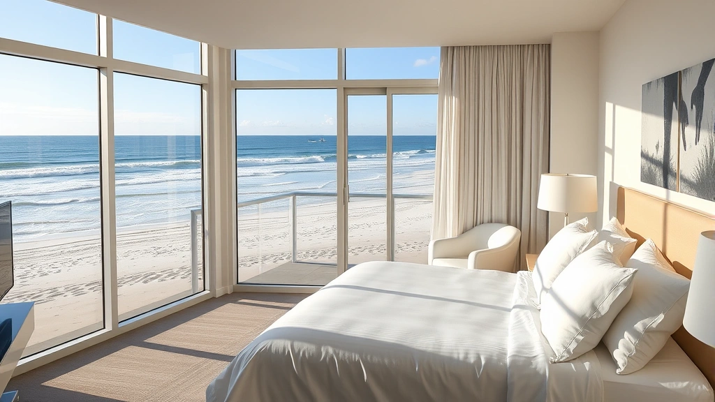 Modern beachfront hotel room with floor-to-ceiling windows, white bedding, ocean view balcony overlooking sandy beach and Atlantic Ocean waves at daytime