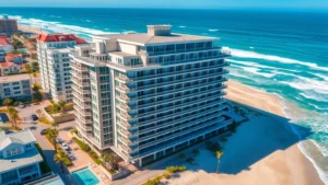 Aerial view of a modern coastal hotel with oceanfront balconies overlooking Atlantic Ocean waves and sandy beach, clear blue sky, residential architecture
