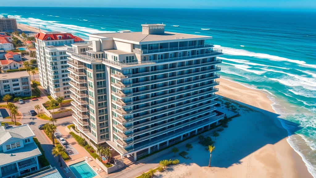 Aerial view of a modern coastal hotel with oceanfront balconies overlooking Atlantic Ocean waves and sandy beach, clear blue sky, residential architecture