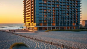 Modern beachfront hotel exterior with ocean view, sandy beach, and blue Atlantic waves during golden hour sunset lighting, coastal New Jersey setting