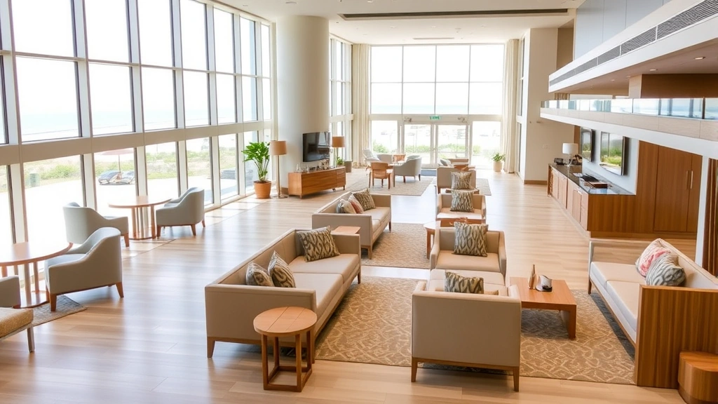 Contemporary hotel lobby with light wood furnishings, comfortable seating areas, coastal décor, large windows showing beach view, clean minimalist design