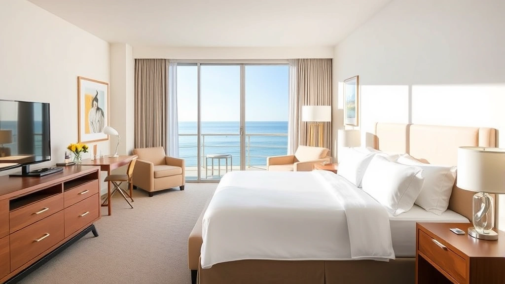 Bright hotel room interior with ocean-view balcony, comfortable bed with white linens, contemporary furnishings, and natural light streaming through large windows
