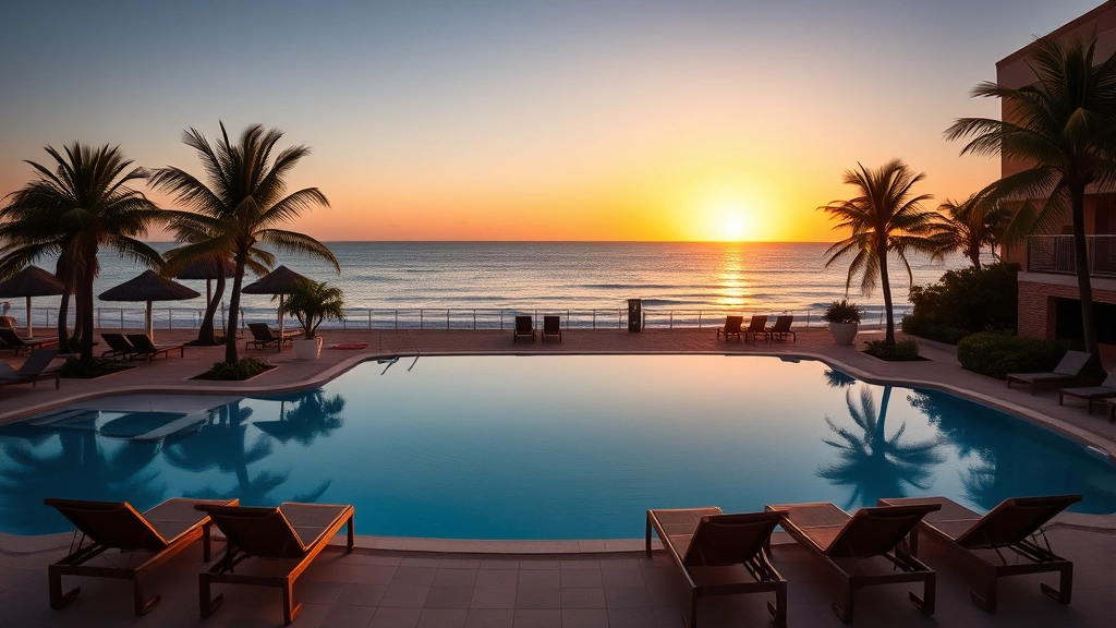 Beachfront hotel pool area at sunset with lounge chairs, ocean visible in background, palm trees, warm golden lighting, peaceful seaside atmosphere