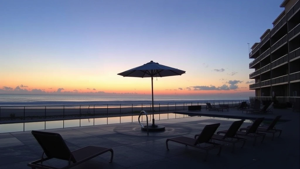 Hotel pool area at dusk with lounge chairs, umbrella, calm water reflecting evening sky, beach and ocean visible in background, Jersey Shore coastal landscape