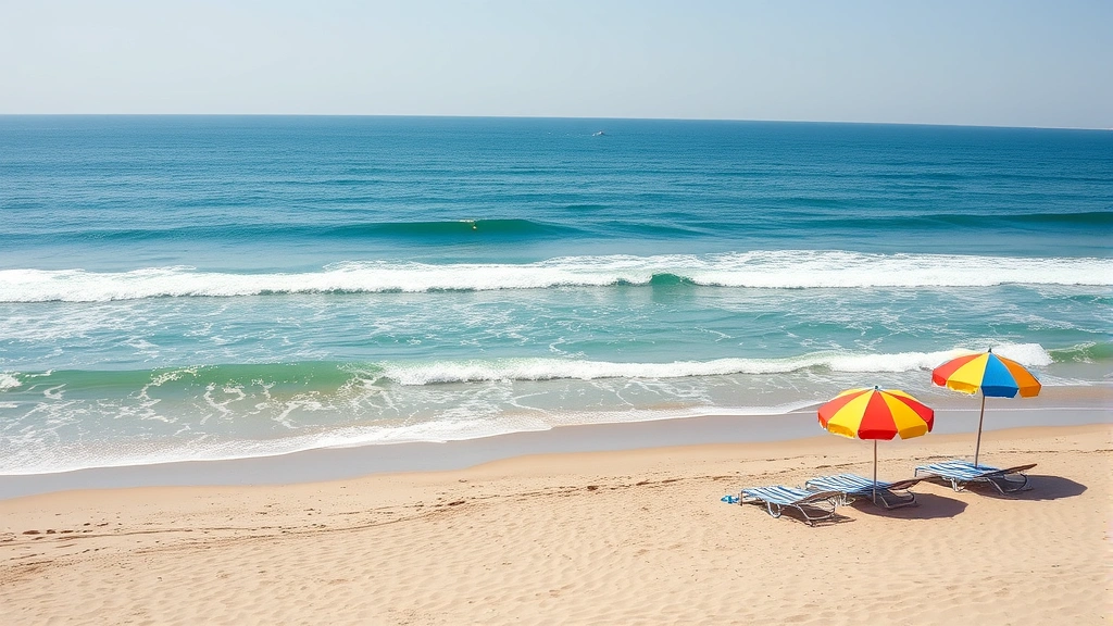 Bright sunny coastal beach scene with sandy shore, ocean waves, and colorful beach umbrellas and towels without people or text