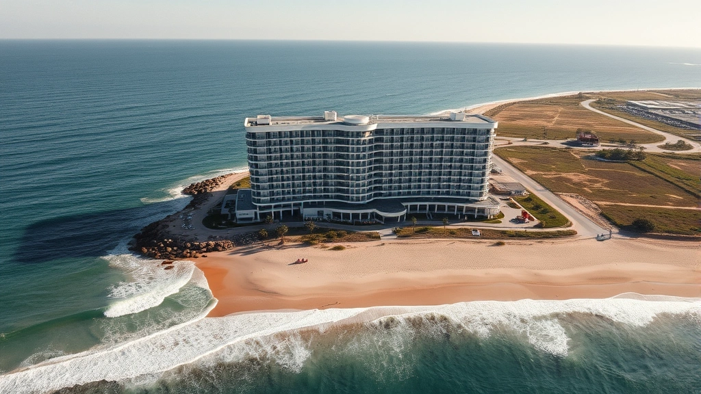 Aerial view of a modern beachfront hotel with ocean waves and sandy beach, bright sunny day, coastal landscape photography