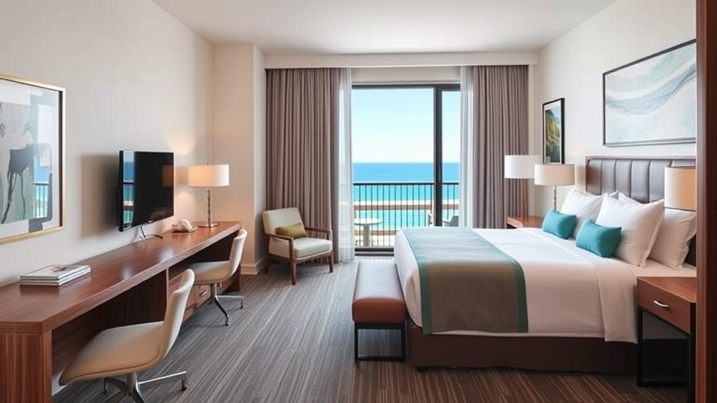 Modern hotel room interior with comfortable queen bed, ocean view window, contemporary furnishings, and coastal décor palette