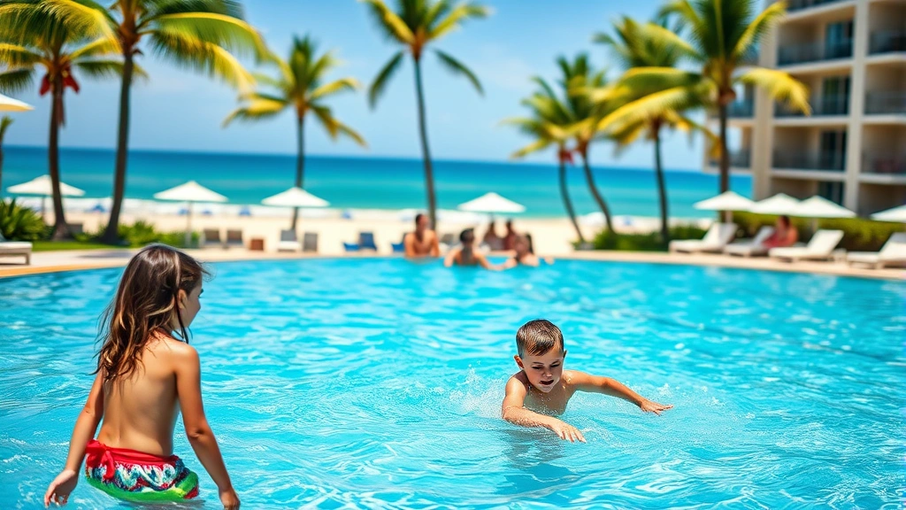Family with children playing in a hotel pool area with beach visible in background, summer vacation scene, outdoor resort setting