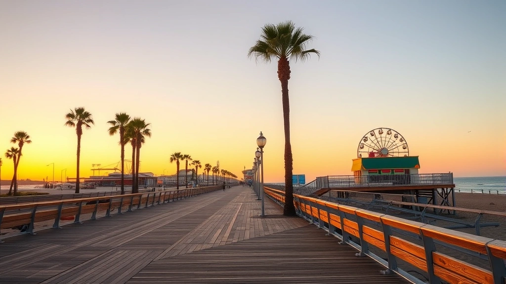 Seaside boardwalk promenade with wooden planks, amusement park rides in distance, palm trees, and ocean horizon at sunset
