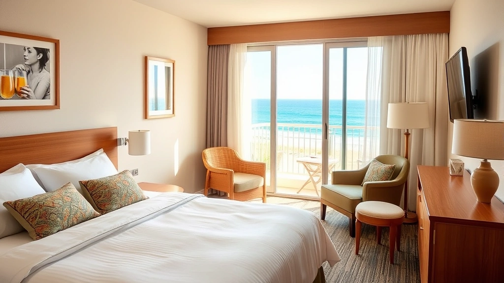 Cozy hotel room interior with ocean view window, comfortable bedding, modern furnishings, natural daylight from balcony overlooking beach