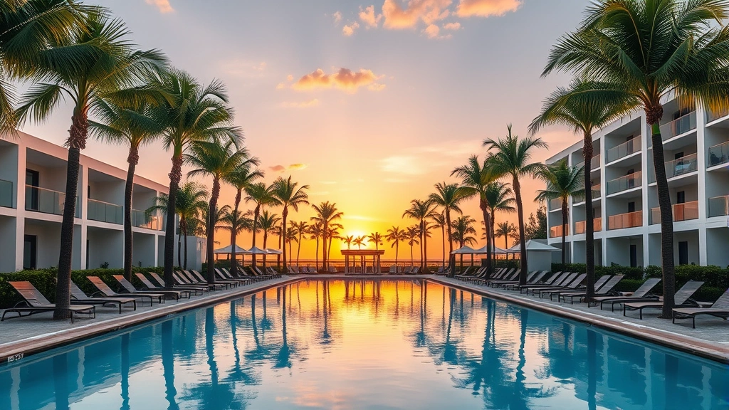 Modern luxury hotel resort pool area with lounge chairs, palm trees, and clear blue water at sunset in Central Florida, photorealistic, no text or signage visible