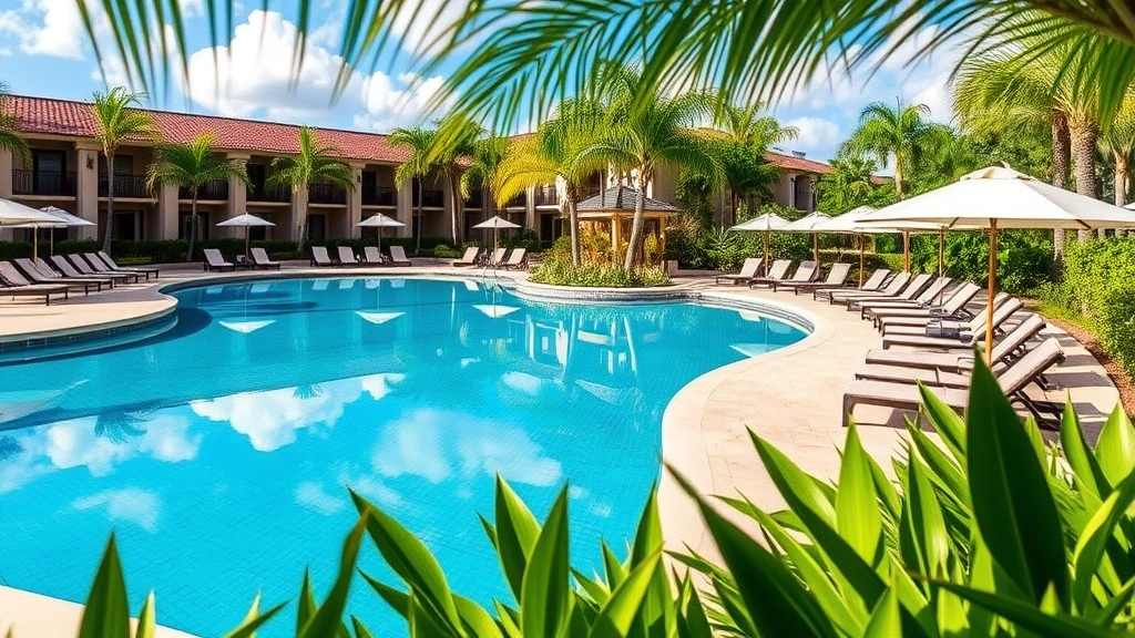 Luxury resort pool area with lounge chairs, umbrellas, and well-maintained landscaping, clear blue water reflecting sky, tropical vegetation framing the scene