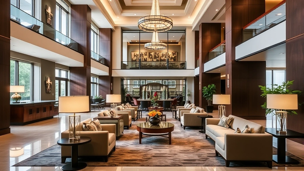 Hotel lobby interior with elegant furnishings, comfortable seating areas, natural lighting from large windows, professional yet welcoming atmosphere