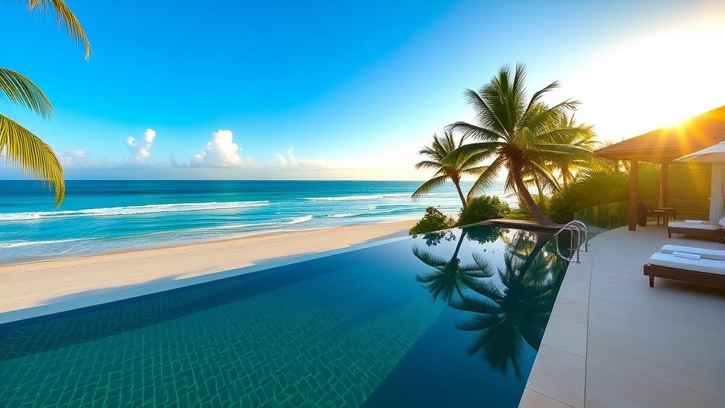 Luxury beachfront resort villa with private infinity pool overlooking turquoise Indian Ocean waters, white sand beach, tropical palms, sunset lighting