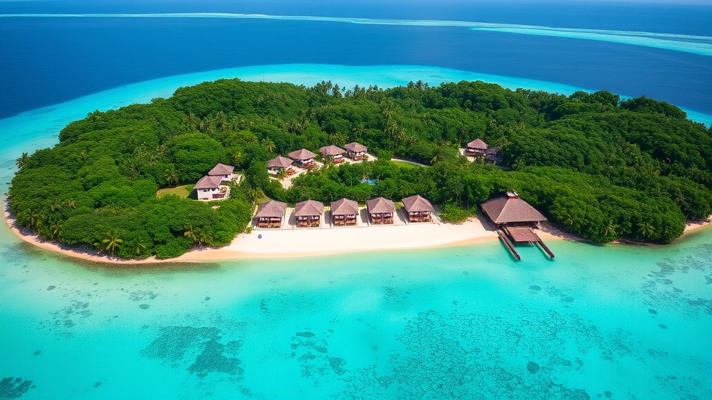 Aerial view of pristine tropical island resort nestled between lush green vegetation and crystal-clear turquoise lagoon, multiple white buildings with thatched roofs