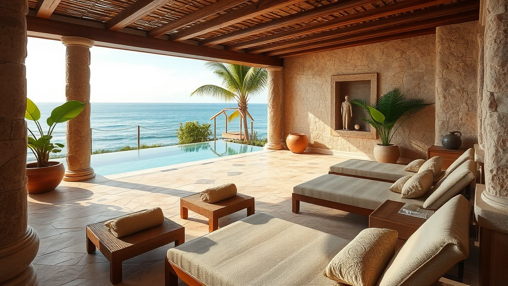 Upscale resort spa relaxation area with natural stone elements, comfortable loungers, ocean view, tropical plants, serene wellness environment, no people visible