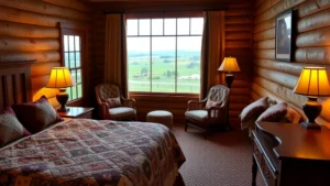 Cozy hotel bedroom with Amish-inspired furnishings, quilted bedding, wooden furniture, warm lighting, rural window view showing farmland and rolling hills