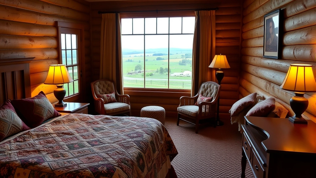 Cozy hotel bedroom with Amish-inspired furnishings, quilted bedding, wooden furniture, warm lighting, rural window view showing farmland and rolling hills