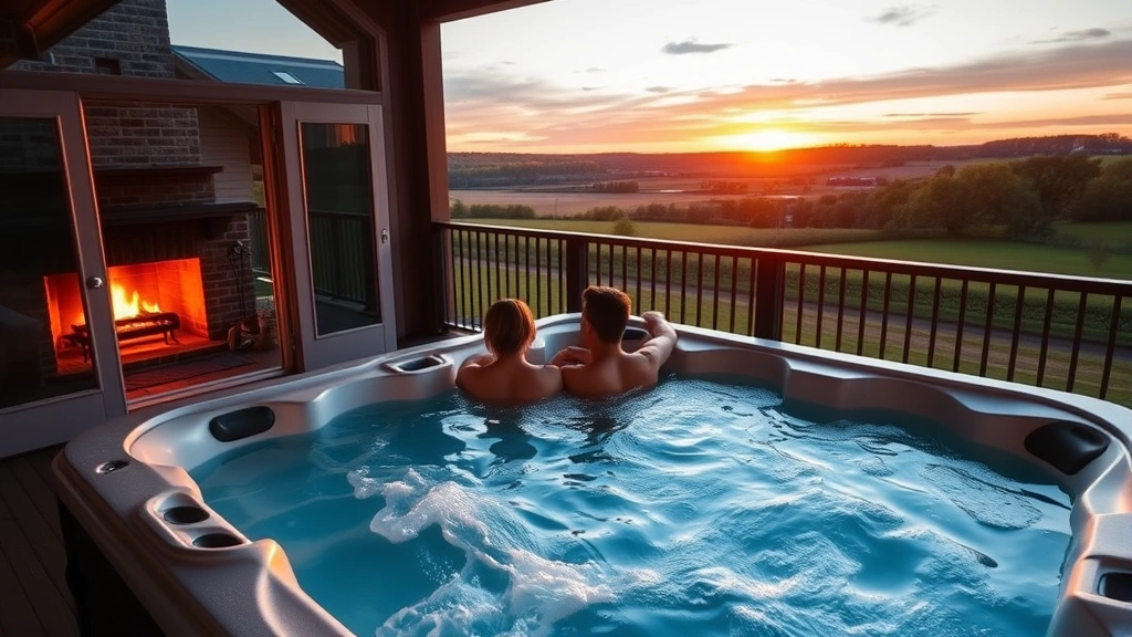 Couples enjoying hot tub on private balcony overlooking peaceful Indiana countryside at sunset, fireplace visible through glass doors, peaceful landscape background