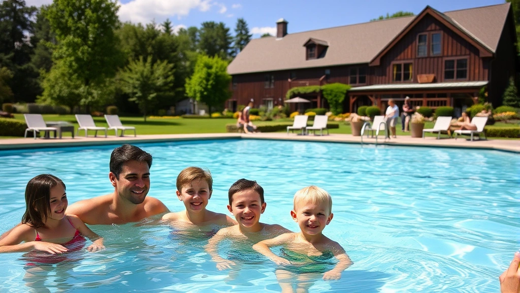 Family with children in hotel pool area during sunny afternoon, lush green grounds surrounding property, traditional barn-style architecture in background, guests enjoying leisure time
