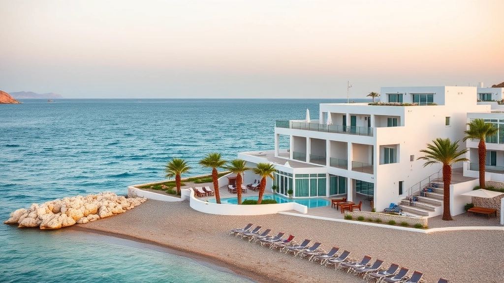 Modern beachfront hotel on Mediterranean coast with white building, blue water, palm trees, and lounging areas, Croatian Adriatic architecture style, daytime golden hour lighting