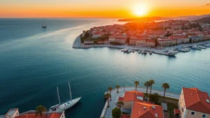 Aerial view of Split's Adriatic waterfront at sunset, showing Mediterranean coastline with turquoise water, modern hotels along the Riva promenade, historic Old Town rooftops, palm trees, and sailboats anchored offshore, golden hour lighting