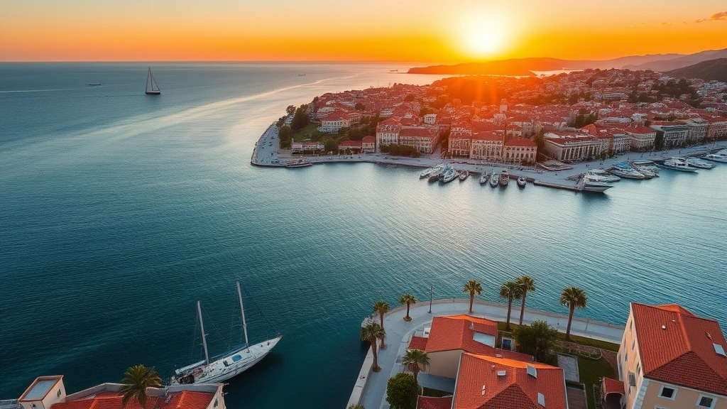Aerial view of Split's Adriatic waterfront at sunset, showing Mediterranean coastline with turquoise water, modern hotels along the Riva promenade, historic Old Town rooftops, palm trees, and sailboats anchored offshore, golden hour lighting